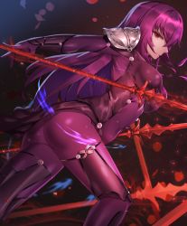 Rule 34 | 1girl, absurdres, armor, ass, bodysuit, breasts, clyde s, covered erect nipples, dual wielding, fate/grand order, fate (series), feet out of frame, from side, gae bolg (fate), highres, holding, holding lance, holding polearm, holding weapon, huge filesize, lance, large breasts, long hair, pauldrons, polearm, purple bodysuit, purple hair, red eyes, scathach (fate), shoulder armor, sidelocks, solo, weapon