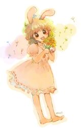 Rule 34 | 1girl, animal ears, barefoot, black eyes, blue daisy, bouquet, brown hair, carrot necklace, curly hair, dandelion, dress, flower, full body, holding, holding bouquet, inaba tewi, jewelry, medium hair, necklace, open mouth, pink dress, puffy short sleeves, puffy sleeves, rabbit ears, rabbit girl, ribbon-trimmed dress, short sleeves, sketch, smile, solo, touhou, yellow flower