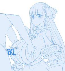 Rule 34 | 10s, 1boy, 1girl, artist request, blue theme, blunt bangs, blush, breasts, breasts squeezed together, censored, deep skin, ekz (robotekz), embarrassed, fate/extra, fate/extra ccc, fate (series), frown, hair ribbon, hetero, highres, huge breasts, long hair, monochrome, novelty censor, o-ring, paizuri, paizuri under clothes, passionlip (fate), penis, perpendicular paizuri, ribbon, torn clothes, very long hair