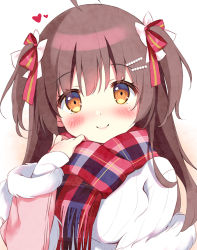 Rule 34 | 1girl, ahoge, blush, bow, breasts, brown background, brown eyes, brown hair, closed mouth, commentary request, fringe trim, fur-trimmed sleeves, fur trim, gradient background, hair bow, hair ornament, hairclip, hand up, heart, long hair, long sleeves, looking at viewer, medium breasts, off shoulder, original, pan (mimi), plaid, plaid scarf, red bow, red scarf, ribbed sweater, scarf, sleeves past wrists, smile, solo, striped, striped bow, sweater, two side up, upper body, white background, white sweater
