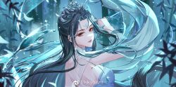 Rule 34 | 1girl, absurdres, bamboo, bamboo forest, black hair, dress, facial mark, fog, forehead mark, forest, glint, highres, holding, holding sword, holding weapon, kikyoism, long hair, looking back, lu xueqi (zhu xian), nature, parted lips, solo, sword, teeth, tiara, upper body, water, water drop, weapon, white dress, zhu xian