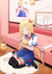 Rule 34 | 1girl, absurdres, akai haato, akai haato (1st costume), anhun, bed, bedroom, blonde hair, blurry, carpet, closed eyes, commentary, depth of field, haaton (akai haato), hair ornament, hair ribbon, heart, heart hair ornament, highres, hololive, letter, long hair, poster (object), pov, ribbon, seiza, sitting, smile, solo, thighhighs, virtual youtuber
