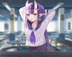 Rule 34 | 1girl, blurry, blurry background, cafeteria, captain hannah, hair between eyes, hair tie, horns, indie virtual youtuber, indoors, lights, long sleeves, looking at viewer, multicolored hair, oni, oni horns, pillar, pointy ears, purple hair, red eyes, sahara tsugumi, sailor collar, sailor shirt, school, school uniform, second-party source, shirt, solo, tabe, two-tone hair, tying hair, virtual youtuber, white shirt