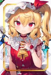 Rule 34 | 1girl, ascot, back bow, bare shoulders, blonde hair, blouse, blush, bow, breasts, buttons, choker, closed mouth, collared shirt, crystal, detached sleeves, eyelashes, eyes visible through hair, fang, fingernails, flandre scarlet, flower, framed, frills, gem, grey bow, gunjou row, hair between eyes, hair flower, hair ornament, hair ribbon, hand on own chest, hand up, hat, highres, jewelry, looking at viewer, medium breasts, mob cap, multicolored wings, nail polish, one side up, puffy short sleeves, puffy sleeves, red choker, red eyes, red flower, red gemstone, red nails, red ribbon, red rose, red skirt, red vest, ribbon, rose, shirt, short hair, short sleeves, simple background, skirt, smile, solo, standing, touhou, upper body, vest, white background, white hat, white shirt, wide sleeves, wings, wrist cuffs, yellow ascot