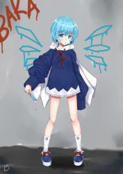 Rule 34 | 1girl, absurdres, blue eyes, blue footwear, blue hair, bow, choker, circled 9, cirno, earrings, food, footwear bow, full body, hair ornament, hairclip, highres, holding, hood, hoodie, jewelry, long sleeves, looking at viewer, popsicle, sei ichi (shiratamamikan), shoes, short hair, socks, solo, standing, string, string of fate, touhou, white socks