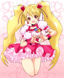 Rule 34 | 00s, 1girl, :d, bad id, bad pixiv id, blonde hair, cure peach, earrings, eyelashes, fresh precure!, frills, hair ornament, heart, heart hair ornament, heart hands, jewelry, kannagi kaname, knees, long hair, magical girl, momozono love, open mouth, precure, red eyes, skirt, smile, solo, twintails