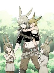 Rule 34 | 1boy, 3others, ^ ^, androgynous, animal ears, arm behind back, armor, bare arms, belt, black choker, black shirt, brown hair, brown pants, bush, carrying, carrying person, child, choker, closed eyes, clothing cutout, commentary, cropped shirt, day, dress, feet out of frame, final fantasy, final fantasy xiv, fringe trim, green eyes, grey dress, grey hair, hair between eyes, hand grab, hands up, happy, height difference, knee pads, looking at another, medium hair, multiple others, navel, niboshi kom, open mouth, outdoors, pants, pauldrons, piggyback, profile, rabbit ears, scar, scar across eye, shirt, short hair, short sleeves, shoulder armor, shoulder belt, shoulder cutout, single pauldron, smile, standing, swept bangs, toned, toned male, tree, viera, warrior of light (ff14)