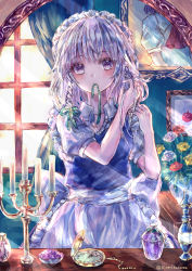 Rule 34 | 1girl, absurdres, against mirror, alternate eye color, apron, artist name, blue dress, blush, bottle, bouquet, bow, braid, braiding hair, candle, candlestand, cowboy shot, dress, dressing, flower, frilled apron, frills, green ribbon, hair ribbon, hairdressing, headdress, highres, huge filesize, indoors, izayoi sakuya, light rays, locker, locker room, looking at mirror, maid, maid headdress, medium hair, mirror, mouth hold, painting (object), perfume bottle, picture frame, pocket watch, portrait (object), puffy short sleeves, puffy sleeves, purple eyes, reflection, ribbon, ribbon in mouth, sash, shirt, short sleeves, silver hair, solo, suzushina, table, touhou, twin braids, twitter username, unbuttoned, unbuttoned shirt, vanity table, vase, waist apron, watch, white apron, white bow, white sash, white shirt, window