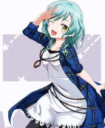 Rule 34 | 1girl, ;d, arm up, asymmetrical sleeves, bang dream!, black pantyhose, blue background, blue hair, braid, breasts, collarbone, cowboy shot, dress, fukiya (fumiakitoyama), green eyes, hand to forehead, head tilt, hikawa hina, jacket, jewelry, leaning forward, necklace, one eye closed, open clothes, open jacket, open mouth, pantyhose, plaid, plaid jacket, short hair, sleeves pushed up, small breasts, smile, solo, standing, star (symbol), swept bangs, twin braids, two-tone background, uneven sleeves, white background, white dress