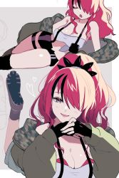 Rule 34 | 1girl, black hair, breasts, camouflage, camouflage jacket, cleavage, fingerless gloves, gloves, hair over one eye, hell fuuna, highres, jacket, jacket partially removed, lain paterson, lain paterson (1st costume), lying, multicolored hair, nijisanji, on side, on stomach, ponytail, red hair, shorts, smile, solo, strapless, streaked hair, suspender shorts, suspenders, tube top, virtual youtuber