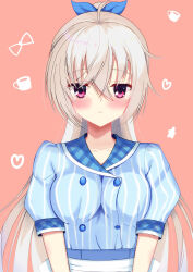Rule 34 | 1girl, akizuki kanna, blue collar, blue shirt, blush, breasts, cafe stella to shinigami no chou, collar, collarbone, commentary, crossed bangs, eyelashes, eyes visible through hair, hair between eyes, heart, highres, jitome, kiki0319i, large breasts, looking at viewer, parted lips, pink background, pinstripe pattern, pinstripe shirt, plaid collar, ponytail, puffy short sleeves, puffy sleeves, purple eyes, shirt, short sleeves, shy, simple background, solo, straight-on, striped, upper body, very long sleeves, waitress, white hair