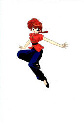 Rule 34 | 1990s (style), 1girl, chinese clothes, female focus, gender request, genderswap, jumping, looking at viewer, lowres, nakajima atsuko, ranma-chan, ranma 1/2, red hair, retro artstyle, saotome ranma, simple background, smile, white background