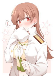 Rule 34 | !, 1girl, blush, breasts, brown eyes, brown hair, hair between eyes, jewelry, kantai collection, large breasts, long hair, long sleeves, midriff, military, military uniform, naval uniform, neckerchief, ooi (kancolle), parted lips, ring, rui shi (rayze ray), sailor collar, school uniform, serafuku, sleeves past fingers, sleeves past wrists, solo, spoken exclamation mark, uniform, upper body, wedding band, white neckerchief, yellow sailor collar