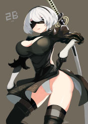 Rule 34 | 1girl, absurdres, black dress, black thighhighs, blindfold, breasts, cleavage, dress, grey background, highres, kion-kun, large breasts, mole, mole under mouth, nier (series), nier:automata, panties, parted lips, short hair, simple background, solo, sword, thighhighs, two-sided fabric, two-sided skirt, underwear, weapon, white hair, white panties, 2b (nier:automata)