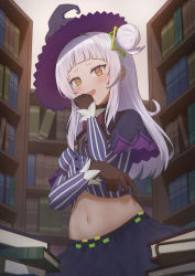 Rule 34 | 1girl, absurdres, blunt bangs, book, book stack, bookshelf, bright pupils, brown gloves, capelet, commentary request, covering own mouth, crop top, eyelashes, from behind, gloves, hair bun, hand up, hat, highres, hololive, indoors, library, long hair, looking at viewer, murasaki shion, murasaki shion (1st costume), navel, pinstripe pattern, pinstripe shirt, shirt, side bun, sidelocks, single side bun, skirt, smile, smirk, solo, striped clothes, striped shirt, tsurime, vertical-striped clothes, vertical-striped shirt, virtual youtuber, white hair, white pupils, witch hat, yellow eyes, yihsien