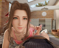 Rule 34 | 1boy, 1girl, 3d, aerith gainsborough, auxtasy, bare legs, barefoot, bed, bed sheet, bedroom, belt, blue shirt, bow, bracelet, breasts, brick wall, brown hair, censored, choker, cleavage, clothes rack, cloud strife, couch, dress, final fantasy, final fantasy vii, final fantasy vii remake, green eyes, hair bow, hair ribbon, handjob, hetero, highres, jewelry, long hair, medium breasts, necklace, penis, pink dress, pink ribbon, pixelated, ponytail, pov, ribbon, shirt, square enix, suspenders, wall market, wavy hair, window
