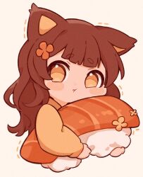 Rule 34 | 1girl, :t, animal ears, artist name, blunt bangs, brown eyes, brown hair, brown shirt, cat ears, chibi, closed mouth, commentary request, cropped torso, film grain, fish (food), flower, food, hair flower, hair ornament, highres, holding, hugging object, long hair, long sleeves, looking at viewer, nigirizushi, original, oversized food, oversized object, rice, salmon, shirt, simple background, solo, sushi, tetolapis, thick eyebrows, wavy hair