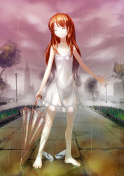 Rule 34 | 1girl, absurdres, ahoge, barefoot, closed umbrella, cloud, cloudy sky, crazypen, dress, closed eyes, feet, fog, grass, highres, holding, lamppost, long hair, orange hair, original, outdoors, rain, red hair, sandals, see-through, shoes, unworn shoes, skirt, sky, slippers, smile, solo, standing, transparent, transparent umbrella, tree, umbrella, wet, wet clothes, white skirt