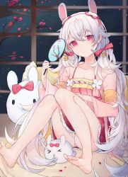 Rule 34 | 1girl, :|, absurdres, animal ears, ariko (aaaaarik), azur lane, bare legs, barefoot, bell, breasts, chinese clothes, cleavage, closed mouth, collarbone, commentary, crossed bangs, dress, expressionless, fake animal ears, hair bell, hair between eyes, hair ornament, hair ribbon, hairband, hand fan, head tilt, highres, holding, holding fan, indoors, knees together feet apart, laffey (azur lane), laffey (white rabbit welcomes the spring) (azur lane), long hair, looking at viewer, panties, pantyshot, paper fan, petals, pillow, pink dress, rabbit ears, red eyes, red ribbon, ribbon, robe, silver hair, small breasts, soles, solo, stuffed animal, stuffed rabbit, stuffed toy, symbol-only commentary, toes, twintails, underwear, very long hair, white panties
