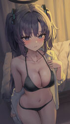 Rule 34 | 1girl, absurdres, bare shoulders, black bra, blue archive, blush, bra, breasts, closed mouth, cowboy shot, damcheong, hair between eyes, hair ornament, halo, highres, indoors, large breasts, long hair, long sleeves, looking at viewer, mechanical halo, navel, no pants, off shoulder, open clothes, open shirt, panties, purple eyes, purple hair, ribbon, shirt, sidelocks, single bare shoulder, solo, standing, stomach, thighs, two side up, underwear, white shirt, yuuka (blue archive)