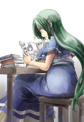 Rule 34 | 1girl, blue dress, book, breasts, capelet, chair, cover, dress, fairy maid (touhou), female focus, green hair, large breasts, long hair, magazine cover, mima (touhou), nagae iku, no headwear, no headwear, open book, reading, sitting, solo, touhou, touhou (pc-98), translation request, very long hair, yohane