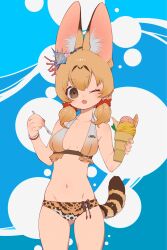 Rule 34 | 1girl, animal ears, bikini, blonde hair, blue background, brown eyes, cat ears, cat girl, cat tail, extra ears, food, hair ornament, highres, ice cream, kemono friends, looking at viewer, notora, one eye closed, ribbon, serval (kemono friends), short hair, simple background, solo, spoon, summer, swimsuit, tail, twintails