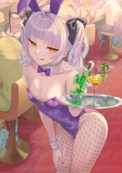 Rule 34 | 2boys, 3girls, :q, absurdres, animal ears, bare shoulders, blunt bangs, bow, bowtie, breasts, brown hair, cleavage, cocktail glass, covered navel, cup, detached collar, drinking glass, faceless, faceless female, fishnet pantyhose, fishnets, highres, hololive, leotard, long hair, multiple boys, multiple girls, murasaki shion, orange eyes, pantyhose, playboy bunny, purple hair, purple nails, rabbit ears, rushian, sitting, small breasts, smile, tongue, tongue out, tray, virtual youtuber, wrist cuffs