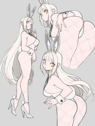 Rule 34 | 1girl, absurdres, animal ears, ascot, ass, black ascot, blanc (nikke), blunt bangs, breasts, detached collar, eyeliner, fake animal ears, fake tail, fishnet pantyhose, fishnets, from behind, goddess of victory: nikke, grey background, hand on own ass, high heels, highleg, highleg leotard, highres, leotard, long hair, looking at viewer, looking back, medium breasts, multiple views, orange eyeliner, orange eyes, pantyhose, playboy bunny, rabbit ears, rabbit tail, sideboob, simple background, stiletto heels, strapless, strapless leotard, tail, toshinoshin, very long hair, white footwear, white hair, white leotard, wrist cuffs