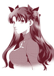 Rule 34 | 1girl, fate/stay night, fate (series), hair ribbon, looking to the side, monochrome, nishiyama (whatsoy), ribbon, solo, tohsaka rin, turtleneck, two side up, upper body