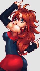 Rule 34 | 1girl, :o, android 21, ass, black gloves, black nails, blue dress, blue eyes, checkered clothes, checkered dress, dancing, dragon ball, dragon ball fighterz, dress, earrings, eyelashes, fingerless gloves, fingernails, ginga patrol jaco, glasses, gloves, grey background, index finger raised, jewelry, kemachiku, long hair, looking at viewer, looking back, nail polish, red dress, red hair, simple background, solo, two-tone dress, upper body