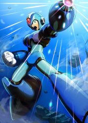 Rule 34 | 1boy, android, arm cannon, armor, gloves, green eyes, helmet, highres, hoshi mikan, male focus, mega man (series), mega man x (series), open mouth, powering up, robot, solo, weapon, x (mega man)