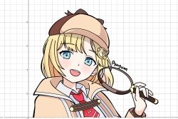 Rule 34 | 1girl, auyum, blonde hair, blue eyes, cropped torso, deerstalker, graphing calculator, grid background, hand up, hat, highres, holding, holding magnifying glass, hololive, hololive english, holomyth, long hair, looking at viewer, magnifying glass, making-of available, monocle, necktie, red necktie, signature, solo, virtual youtuber, watson amelia