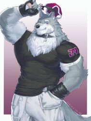 Rule 34 | 1boy, absurdres, animal ears, bad id, bad twitter id, bandaged hand, bandages, bara, biceps, cowboy shot, facial hair, furry, furry male, goatee, grey fur, highres, large pectorals, looking at viewer, male focus, muscular, muscular male, neck fur, one eye closed, original, pants, pectorals, shirt, solo, standing, t-shirt, tail, thick eyebrows, wolf boy, wolf ears, wolf tail, yang geon