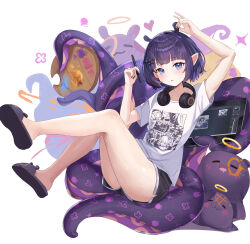 Rule 34 | 1girl, absurdres, black shorts, blush, breasts, headphones, headphones around neck, highres, holding, holding stylus, hololive, hololive english, looking at viewer, mole, mole under eye, ninomae ina&#039;nis, ninomae ina&#039;nis (loungewear), official alternate costume, pointy ears, purple eyes, purple footwear, purple hair, robin chen0419, shirt, short shorts, shorts, sitting on tentacle, slippers, small breasts, solo, stylus, tablet pc, takodachi (ninomae ina&#039;nis), tentacles, virtual youtuber, white shirt