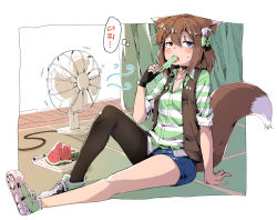Rule 34 | 1girl, animal ear fluff, animal ears, asymmetrical legwear, bell pepper, black border, black choker, black pantyhose, black vest, blue eyes, blue shorts, border, bow, break761, brown hair, choker, commentary, curtains, denim, denim shorts, eating, electric fan, food, fruit, green bow, green footwear, green shirt, hair bow, hair ornament, hairclip, half-closed eyes, heterochromia, highres, holding, holding food, knee up, korean text, looking at viewer, medium hair, motion blur, motion lines, on ground, open clothes, open vest, original, outside border, pantyhose, pepper, popsicle, red eyes, shirt, shoes, short shorts, short sleeves, shorts, sitting, sneakers, solo, striped clothes, striped shirt, sweat, tail, translated, uneven legwear, vest, watermelon