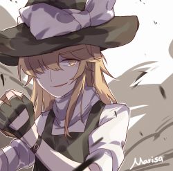 Rule 34 | 1girl, bad id, bad pixiv id, black gloves, blonde hair, bow, empty eyes, fingerless gloves, gloves, hair over one eye, hat, hat bow, kirisame marisa, looking at viewer, meng ziya, mini-hakkero, parted lips, puffy sleeves, smile, solo, touhou, upper body, white bow, witch hat, yellow eyes