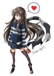 Rule 34 | 1girl, ankle boots, black footwear, black scarf, black skirt, black thighhighs, blush, boots, brown eyes, brown hair, character name, closed mouth, crossed bangs, doromini, eyes visible through hair, full body, gift, girls&#039; frontline, hair between eyes, hair ornament, hands up, heart, heckler &amp; koch, highres, holding, holding gift, long hair, looking at viewer, miniskirt, one side up, pleated skirt, pouch, scar, scar across eye, scar on face, scarf, sidelocks, simple background, skirt, smile, solo, spoken heart, standing, striped clothes, striped scarf, striped sweater, sweater, thigh strap, thighhighs, ump45 (girls&#039; frontline), valentine, very long hair, white background, zettai ryouiki
