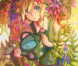 Rule 34 | 1boy, absurdres, basil (faraway) (omori), basil (omori), blonde hair, blue eyes, brown shorts, closed mouth, collarbone, collared shirt, expressionless, flower, forest bunny (omori), green sweater vest, hair flower, hair ornament, highres, holding, holding watering can, looking at viewer, omori, shirt, short hair, short sleeves, shorts, solo, sprout mole, sticker, sweater vest, sweetk1tten, twitter username, vkontakte username, water, watering can, watermark, web address, white shirt