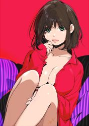 Rule 34 | 1girl, breasts, brown hair, cleavage, closed mouth, collared shirt, commentary request, green eyes, kawai makoto, large breasts, light frown, long sleeves, looking at viewer, naked shirt, open clothes, open shirt, pink lips, shirt, short hair, signature, sitting, solo, unbuttoned