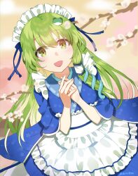 Rule 34 | absurdres, apron, blue dress, blue kimono, blue ribbon, blush stickers, branch, cherry blossoms, chinese commentary, commentary request, dress, frilled apron, frills, frog hair ornament, green eyes, green hair, hair ornament, hair ribbon, hands on own chest, highres, japanese clothes, kanta (pixiv9296614), kimono, kochiya sanae, kochiya sanae (wa maid), long hair, long sleeves, maid, maid apron, maid headdress, obi, official alternate costume, open mouth, own hands clasped, own hands together, partial commentary, ribbon, sash, single hair tube, single sidelock, smile, snake hair ornament, sunset, touhou, touhou cannonball, wa maid, white apron, wide sleeves