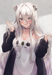 Rule 34 | 1girl, absurdres, ahoge, animal ears, black choker, breasts, choker, cleavage, clothes writing, commentary request, grey eyes, hair between eyes, highres, hololive, jewelry, large breasts, lion ears, lion girl, long hair, looking at viewer, necklace, shirt, shishiro botan, shishiro botan (casual), solo, suicabar72, virtual youtuber, white hair, white shirt