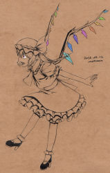 Rule 34 | 1girl, :d, absurdres, ascot, bow, brown background, female focus, flandre scarlet, full body, hat, hat bow, highres, limited palette, mary janes, monochrome, mushroom (osh320), open mouth, red eyes, sash, shoes, short hair, short sleeves, side ponytail, simple background, skirt, skirt set, smile, solo, spot color, touhou, wings