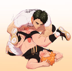 Rule 34 | 2boys, anal, arm hair, black footwear, black hair, black male underwear, black shirt, blush, clothed sex, clothes lift, gradient background, haikyuu!!, hands on another&#039;s thighs, hands on own head, highres, hinata shouyou, male focus, male penetrated, male underwear, multiple boys, orange hair, penis, precum, reallycorking, shirt, shirt lift, shoes, short hair, sportswear, twitter username, underwear, ushijima wakatoshi, volleyball uniform, white shirt, yaoi