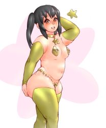 Rule 34 | 1girl, artist request, belly, bikini, black hair, blush, breasts, brown eyes, jewelry, k-on!, keigi, long hair, looking at viewer, nakano azusa, open mouth, plump, small breasts, solo, standing, swimsuit, tagme, thighhighs, thighs, thong, tongue, tongue out, twintails