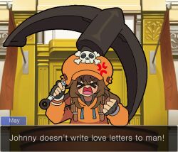 &gt;o&lt; ace_attorney anchor anger_vein black_gloves brown_hair character_name clenched_hands commentary english_commentary english_text fingerless_gloves gloves guilty_gear guilty_gear_strive hat hat_ornament holding holding_anchor hood hoodie jacket kekeken may_(guilty_gear) orange_hat orange_hoodie orange_jacket orange_shirt parody pirate_hat shirt skull_and_crossbones skull_hat_ornament style_parody