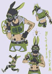 Rule 34 | 1boy, animification, apex legends, black gloves, black headwear, c2h4 (1849155751), character name, clenched hands, cropped vest, fingerless gloves, gloves, goggles, grey shorts, grey vest, highres, light bulb, looking down, male focus, multiple views, octane (apex legends), own hands together, rabbit boy, rabbit tail, shorts, tail, vest