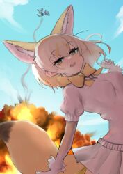 Rule 34 | 2girls, animal ears, black skirt, blonde hair, blue sweater, bow, bowtie, commentary request, common raccoon (kemono friends), explosion, extra ears, fennec (kemono friends), fox ears, fox girl, fox tail, gaga (gamerakero), grey hair, highres, kemono friends, midair, multicolored hair, multiple girls, pink sweater, pleated skirt, puffy short sleeves, puffy sleeves, raccoon ears, raccoon girl, raccoon tail, short hair, short sleeves, skirt, sweater, tail, white hair, white skirt, yellow bow, yellow bowtie, yellow eyes