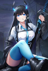 Rule 34 | 1girl, absurdres, black footwear, black hair, black jacket, blue eyes, blue necktie, blue thighhighs, blush, cigarette, closed mouth, commentary request, highres, holding, holding sword, holding weapon, horn piercing, horns, jacket, katana, lancheu, long hair, long sleeves, looking at viewer, necktie, original, piercing, revision, shirt, shoes, smile, smoking, solo, sword, thighhighs, thighs, weapon, white shirt