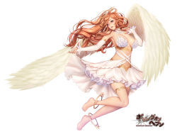 Rule 34 | 1girl, angel, angel wings, armpits, bare shoulders, barefoot, breasts, commentary request, detached sleeves, dress, feathered wings, full body, gang of heaven, halo, large breasts, logo, long hair, looking away, masami chie, official art, orange hair, parted lips, purple eyes, sidelocks, simple background, solo, thigh strap, white background, white wings, wings