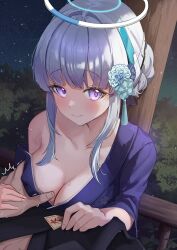Rule 34 | 1boy, 1girl, absurdres, blue archive, blue flower, blue kimono, blush, breasts, cleavage, closed mouth, collarbone, fingernails, flower, grey hair, hair flower, hair ornament, halo, highres, japanese clothes, kimono, large breasts, long hair, looking at viewer, mechanical halo, night, noa (blue archive), outdoors, purple eyes, short sleeves, smile, suisen (suisenhwa), wide sleeves
